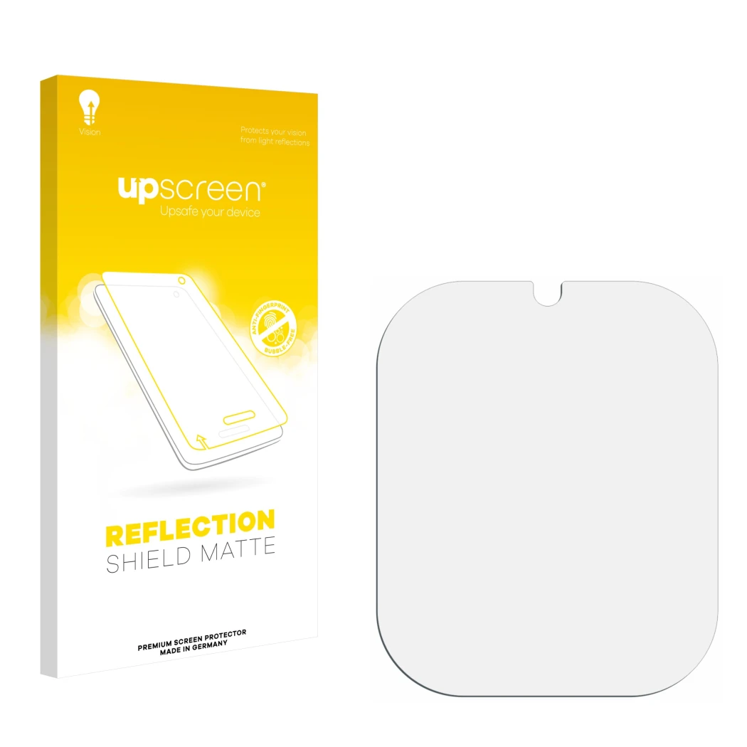 Parte frontal de un envase de producto con el logotipo de la marca upscreen. Al lado está el protector de pantalla correspondi