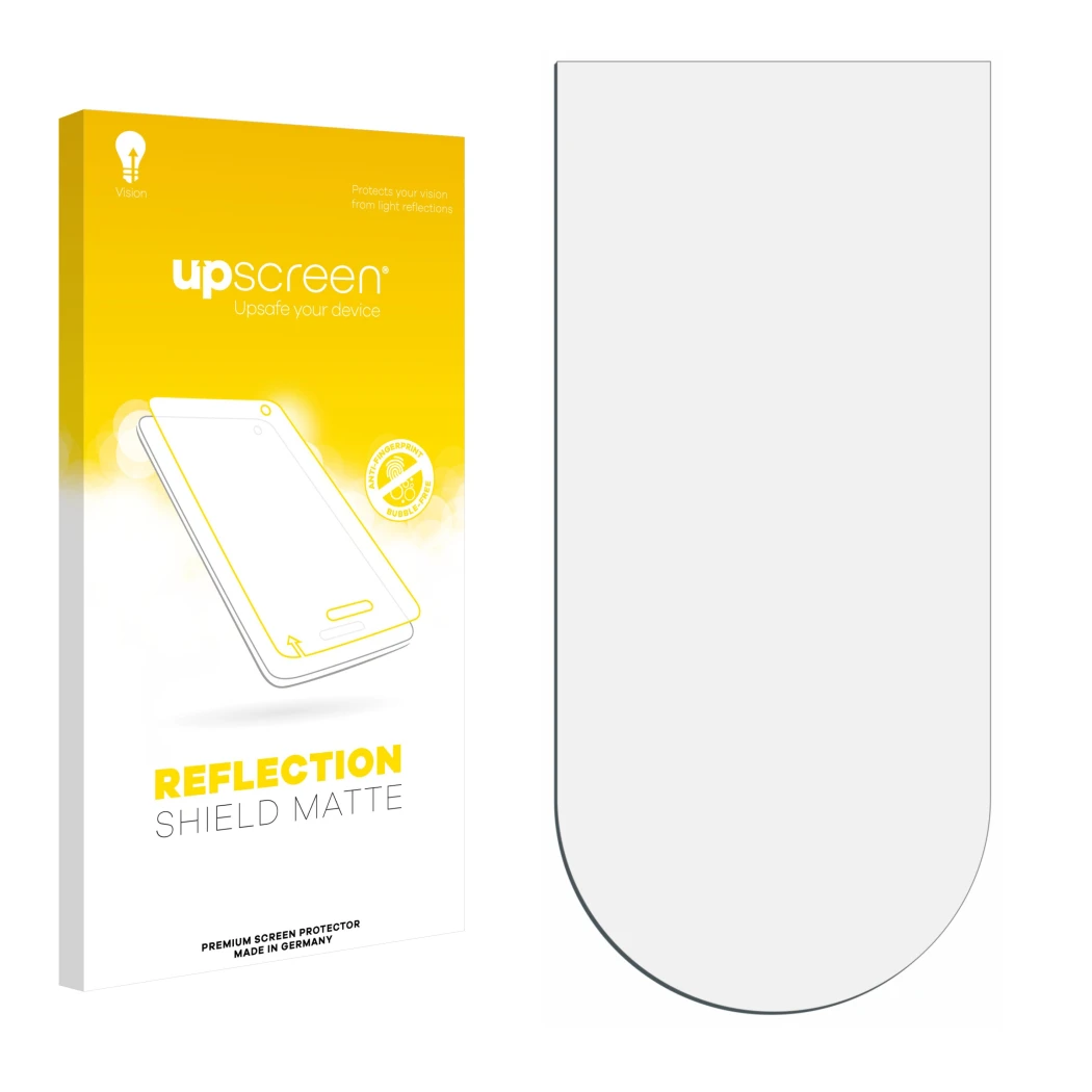 Parte frontal de un envase de producto con el logotipo de la marca upscreen. Al lado está el protector de pantalla correspondi