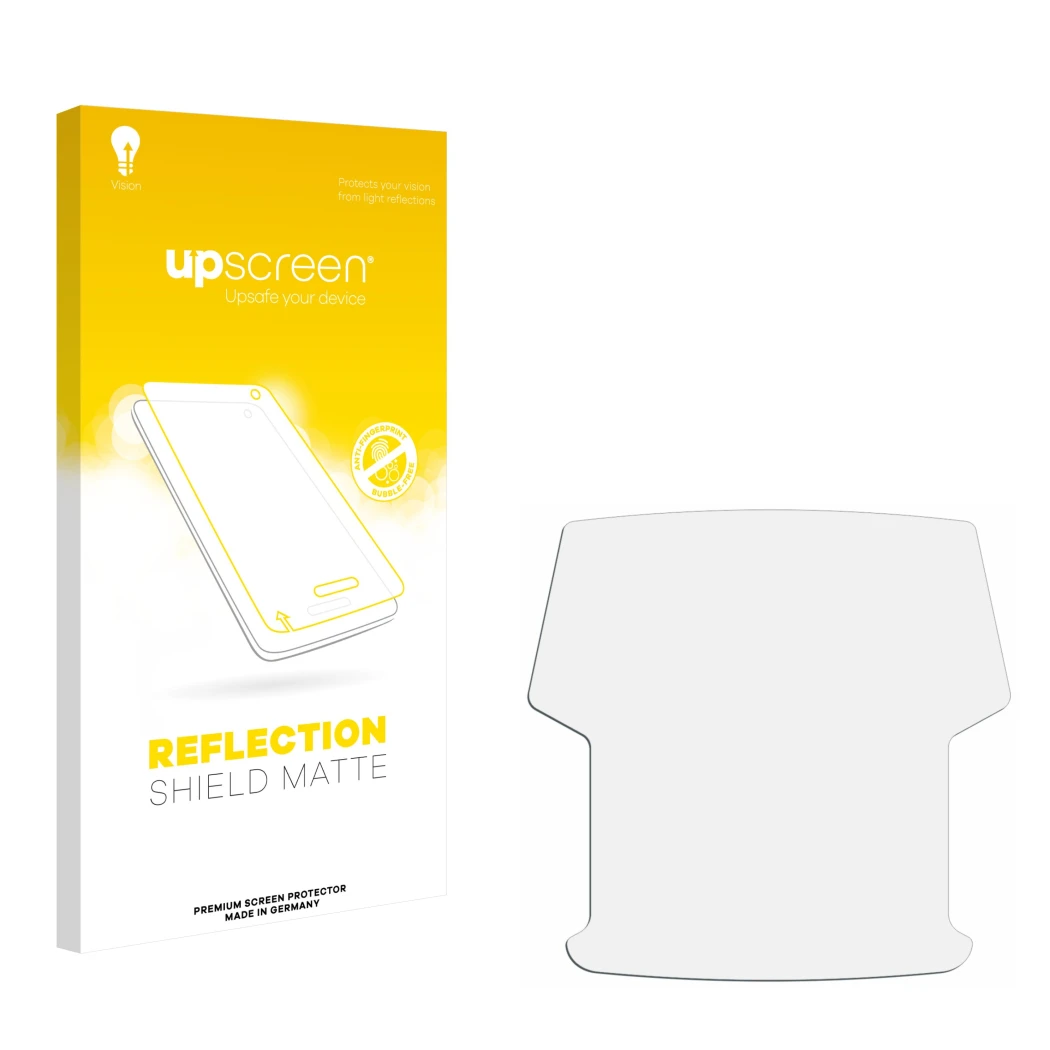 Parte frontal de un envase de producto con el logotipo de la marca upscreen. Al lado está el protector de pantalla correspondi