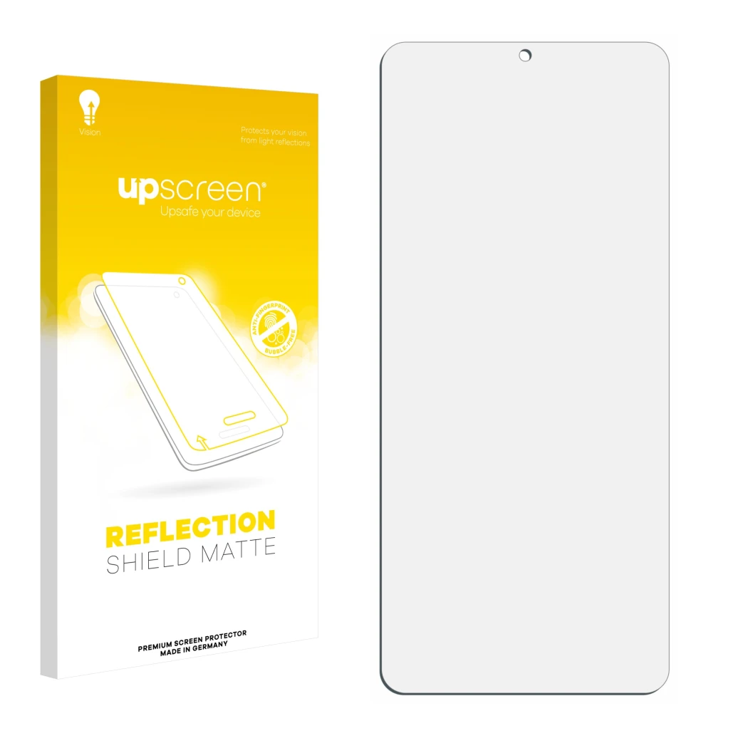 Parte frontal de un envase de producto con el logotipo de la marca upscreen. Al lado está el protector de pantalla correspondi