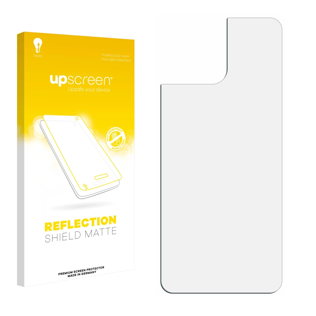 Parte frontal de un envase de producto con el logotipo de la marca upscreen. Al lado está el protector de pantalla correspondi