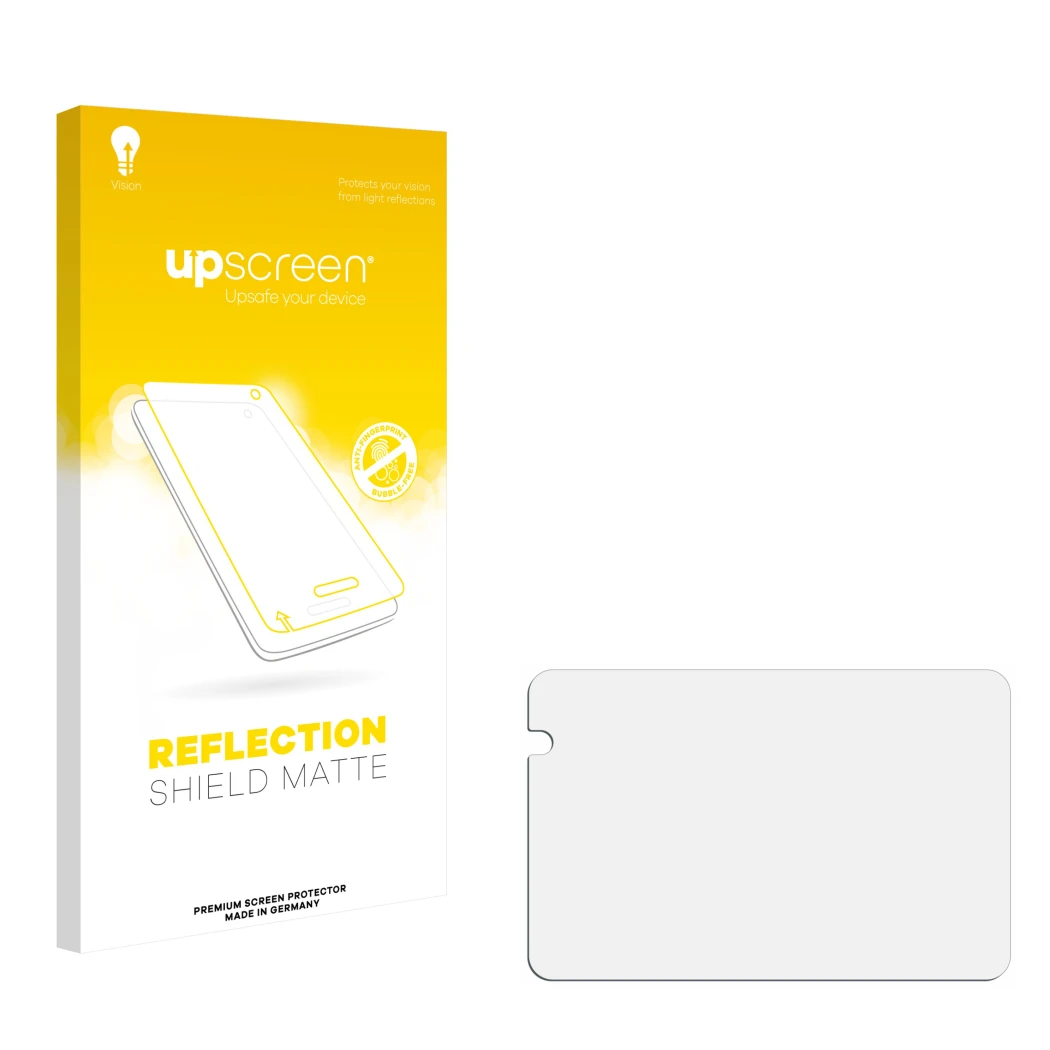Parte frontal de un envase de producto con el logotipo de la marca upscreen. Al lado está el protector de pantalla correspondi