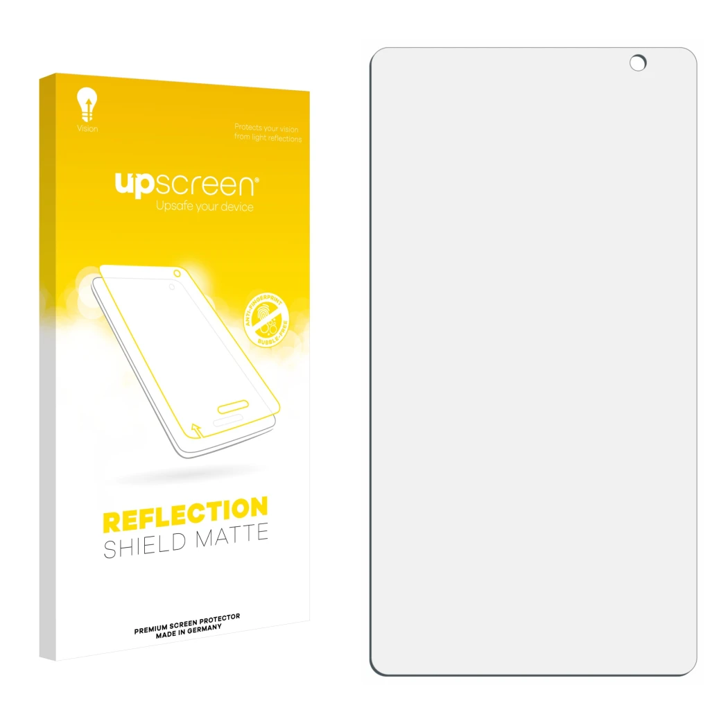 Parte frontal de un envase de producto con el logotipo de la marca upscreen. Al lado está el protector de pantalla correspondi