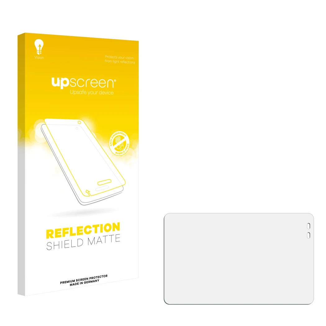 Parte frontal de un envase de producto con el logotipo de la marca upscreen. Al lado está el protector de pantalla correspondi