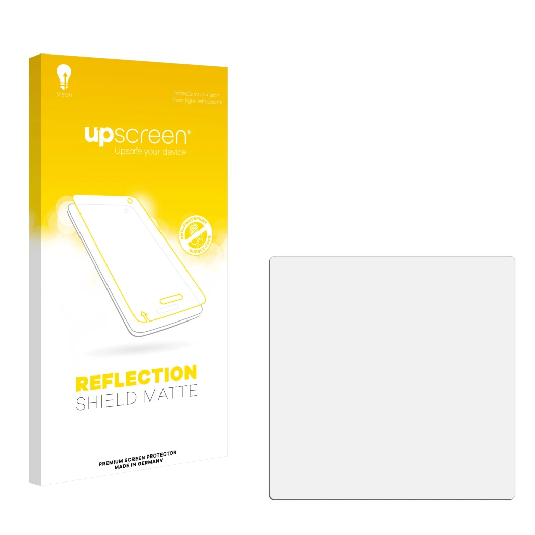 Parte frontal de un envase de producto con el logotipo de la marca upscreen. Al lado está el protector de pantalla correspondi