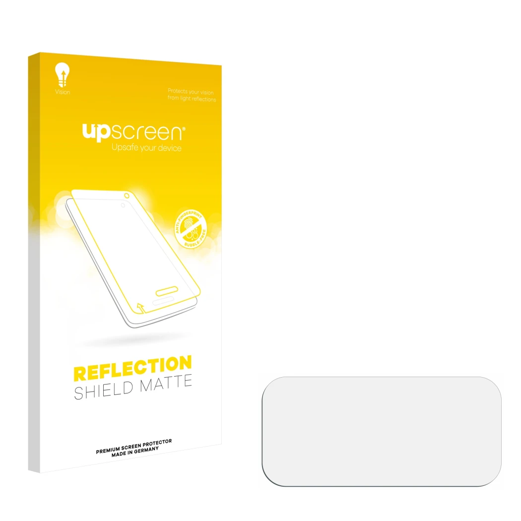 Parte frontal de un envase de producto con el logotipo de la marca upscreen. Al lado está el protector de pantalla correspondi
