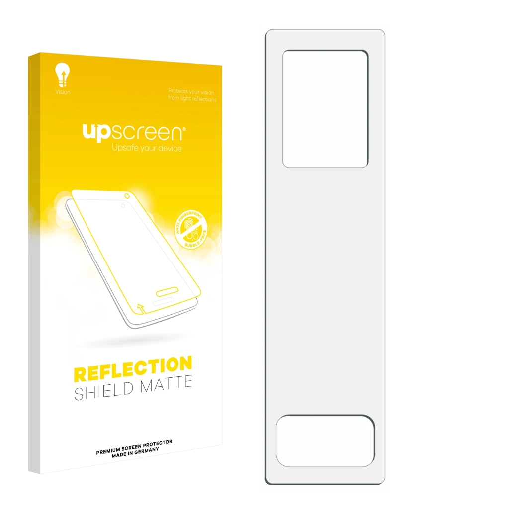 Parte frontal de un envase de producto con el logotipo de la marca upscreen. Al lado está el protector de pantalla correspondi