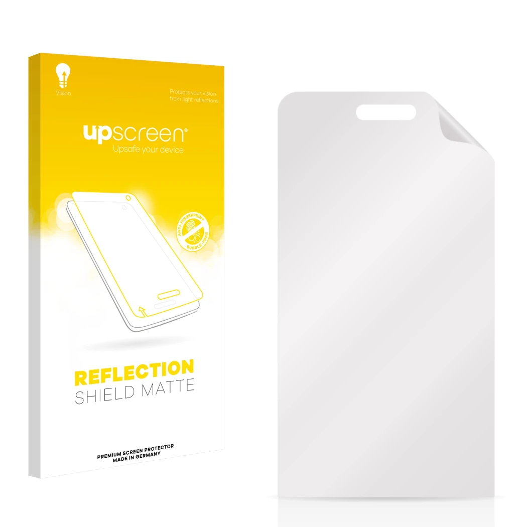Parte frontal de un envase de producto con el logotipo de la marca upscreen. Al lado está el protector de pantalla correspondi
