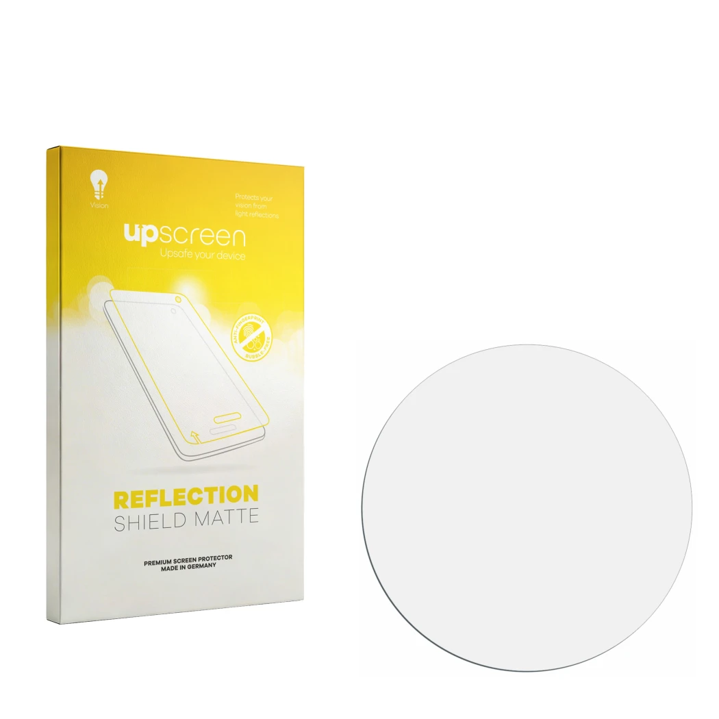 Parte frontal de un envase de producto con el logotipo de la marca upscreen. Al lado está el protector de pantalla correspondi
