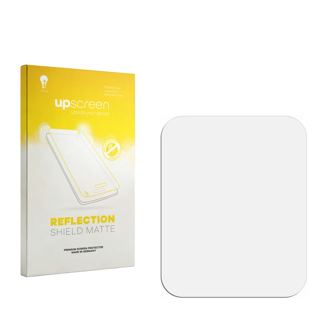 Parte frontal de un envase de producto con el logotipo de la marca upscreen. Al lado está el protector de pantalla correspondi