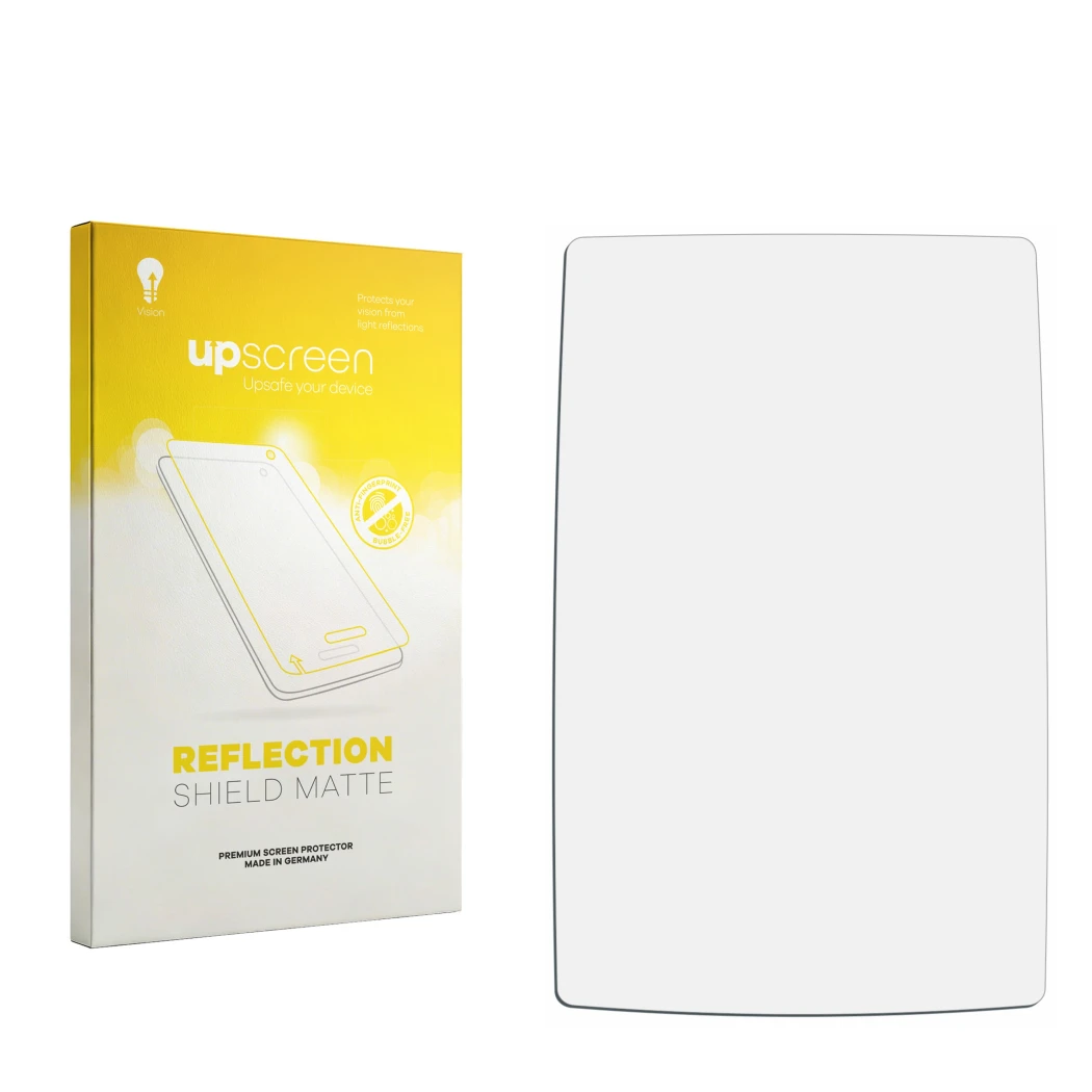 Parte frontal de un envase de producto con el logotipo de la marca upscreen. Al lado está el protector de pantalla correspondi