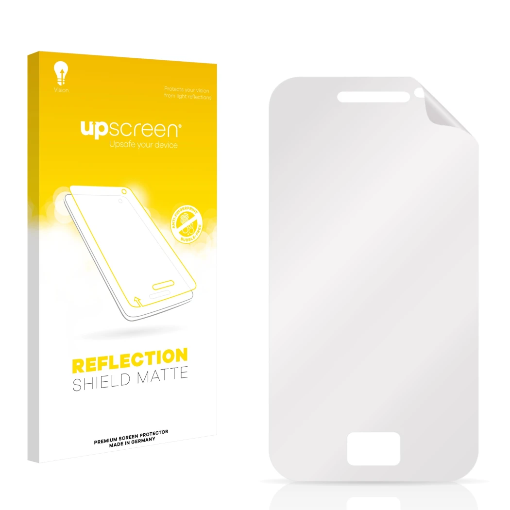Parte frontal de un envase de producto con el logotipo de la marca upscreen. Al lado está el protector de pantalla correspondi