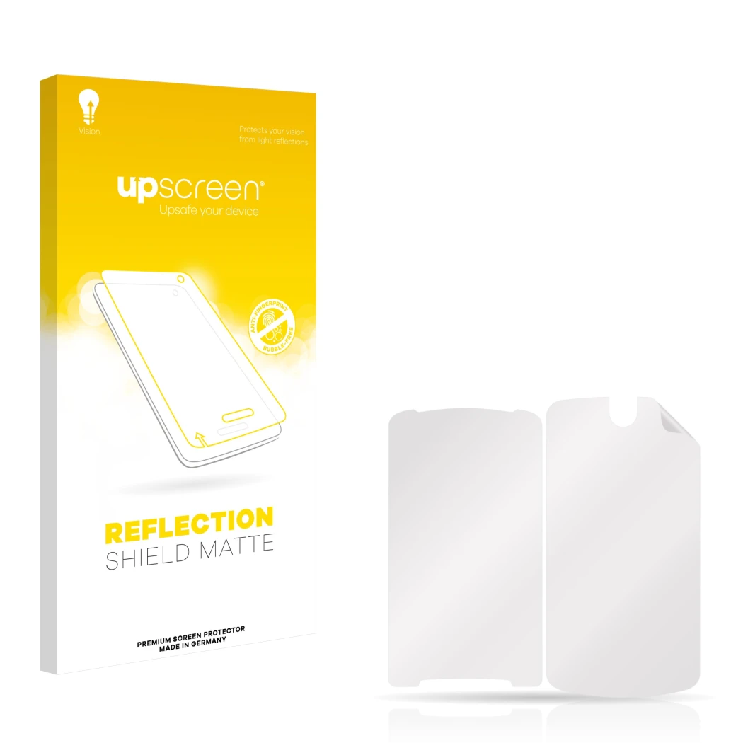 Parte frontal de un envase de producto con el logotipo de la marca upscreen. Al lado está el protector de pantalla correspondi
