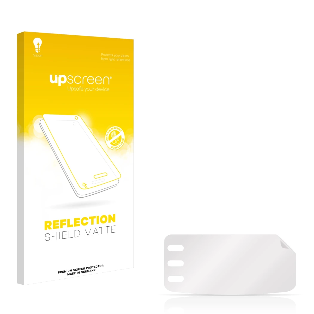 Parte frontal de un envase de producto con el logotipo de la marca upscreen. Al lado está el protector de pantalla correspondi