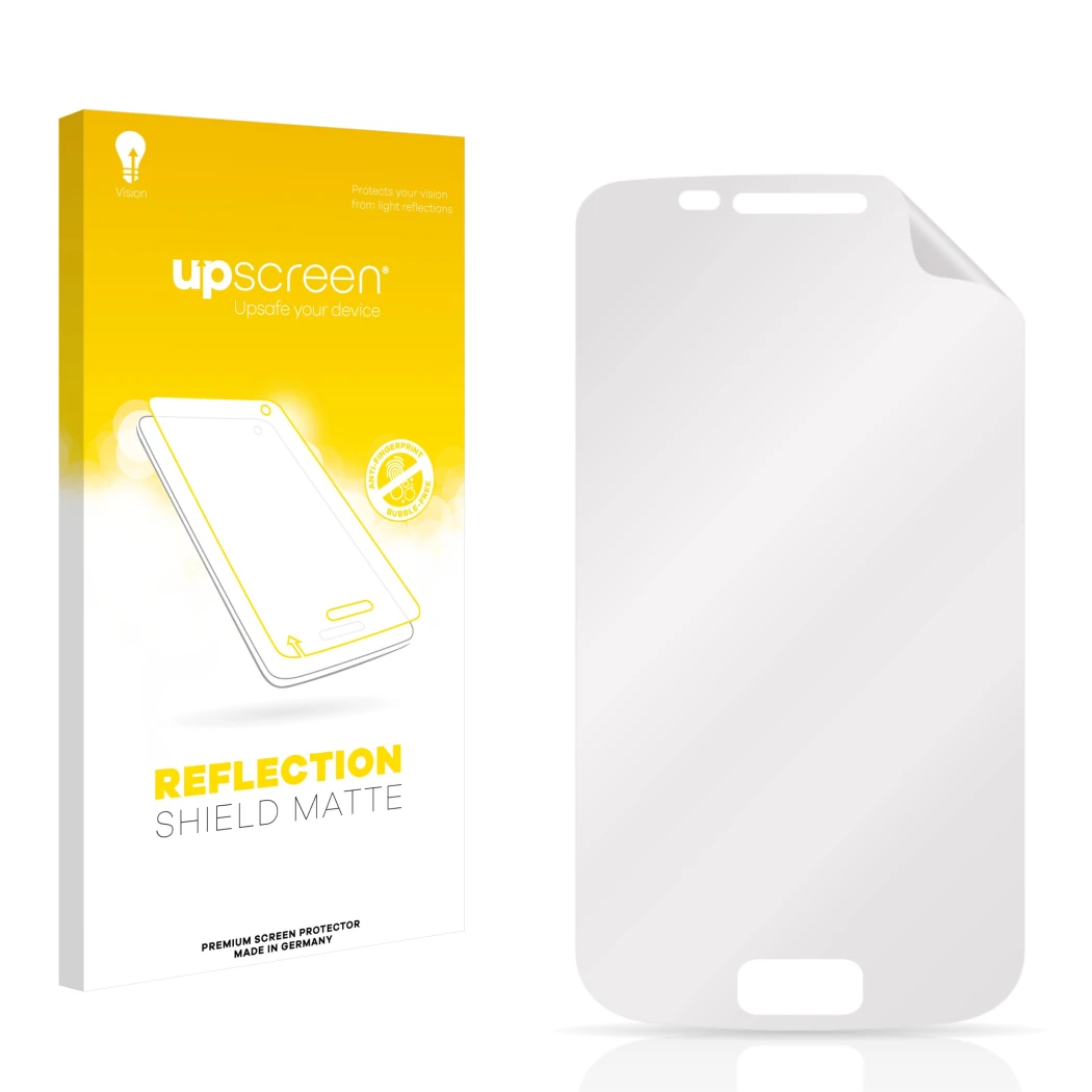 Parte frontal de un envase de producto con el logotipo de la marca upscreen. Al lado está el protector de pantalla correspondi