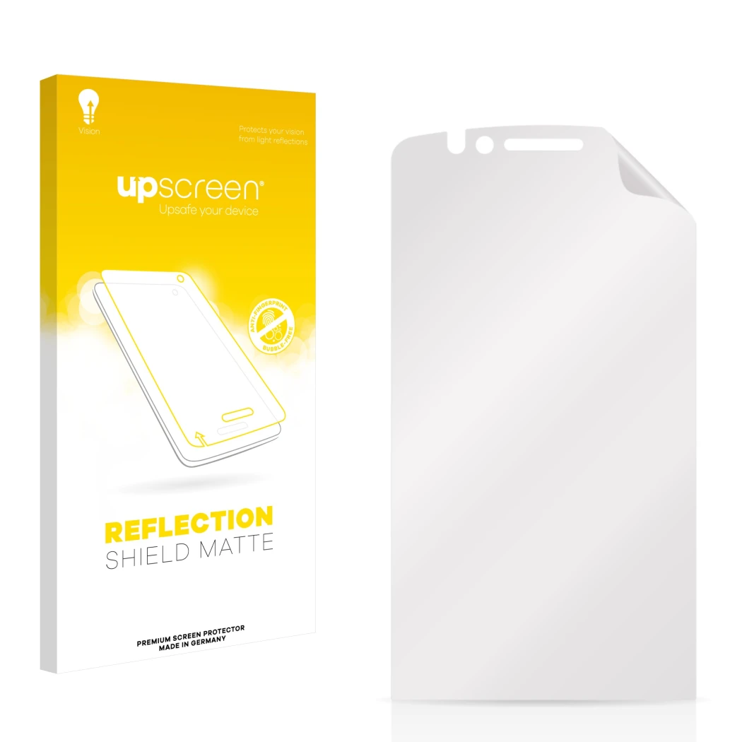 Parte frontal de un envase de producto con el logotipo de la marca upscreen. Al lado está el protector de pantalla correspondi
