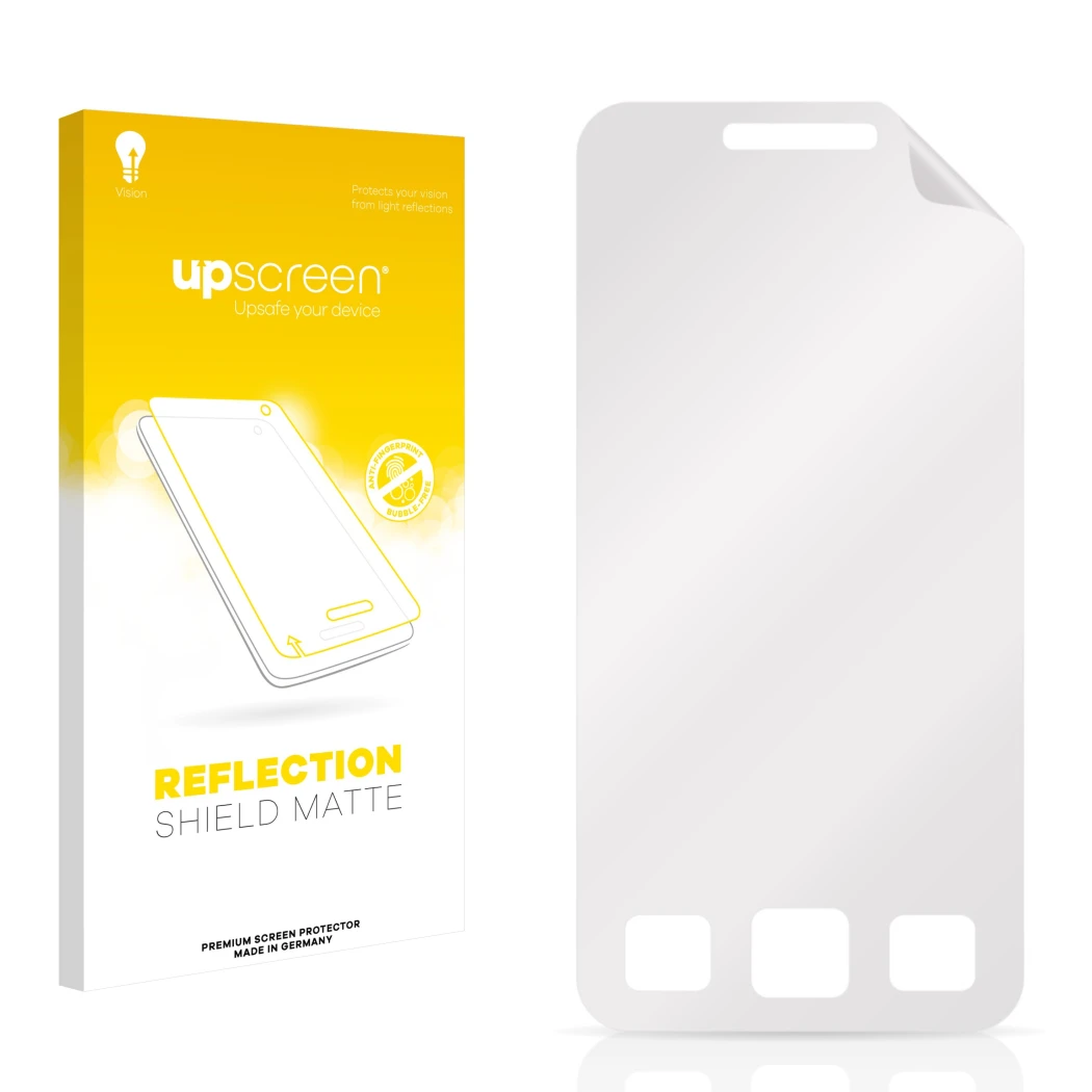 Parte frontal de un envase de producto con el logotipo de la marca upscreen. Al lado está el protector de pantalla correspondi
