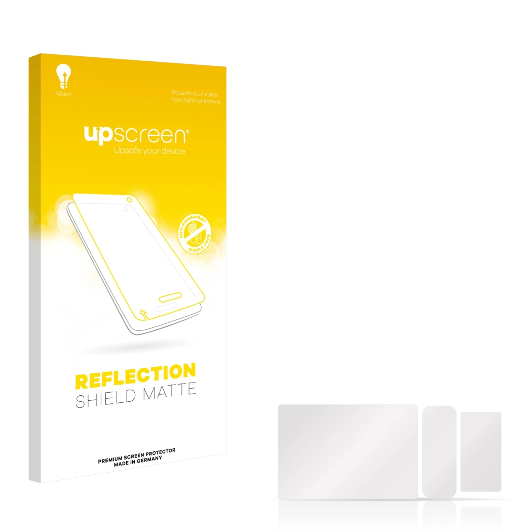 Parte frontal de un envase de producto con el logotipo de la marca upscreen. Al lado está el protector de pantalla correspondi