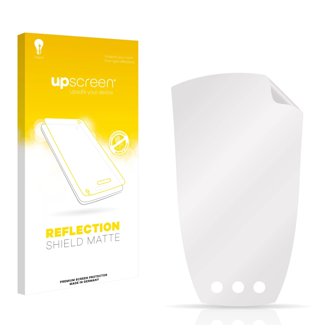Parte frontal de un envase de producto con el logotipo de la marca upscreen. Al lado está el protector de pantalla correspondi