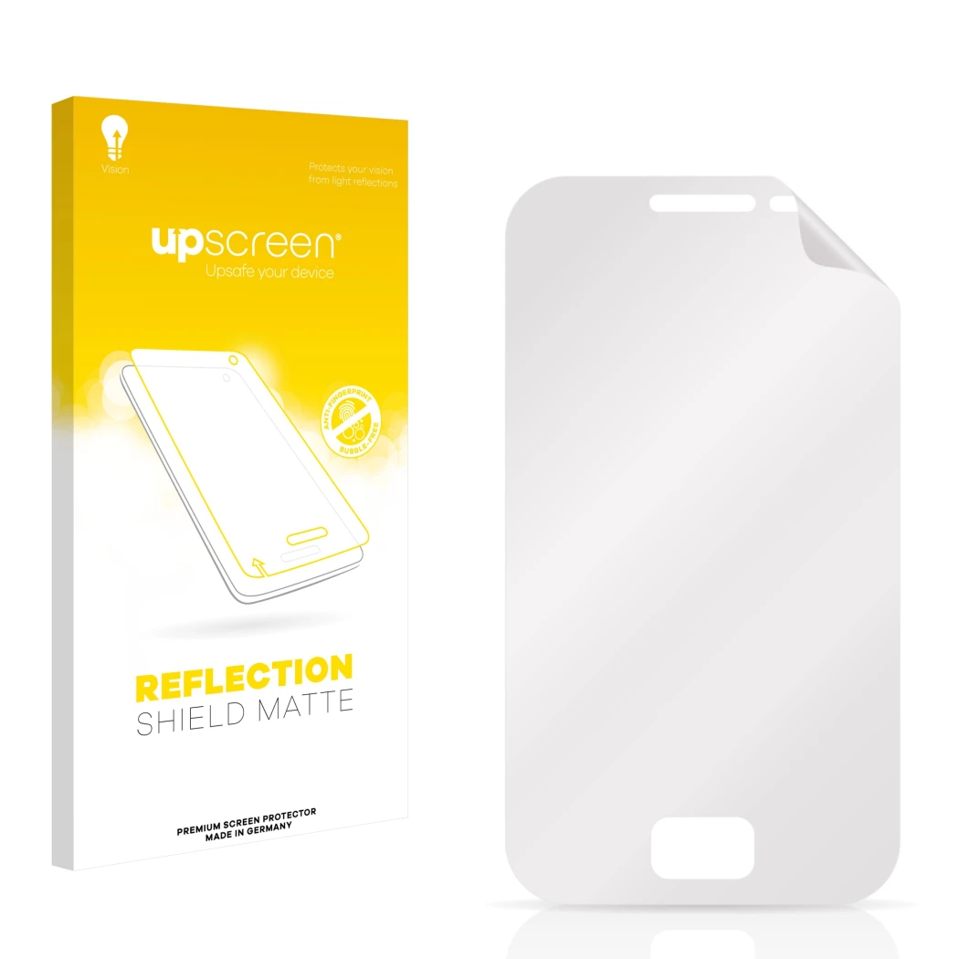 Parte frontal de un envase de producto con el logotipo de la marca upscreen. Al lado está el protector de pantalla correspondi