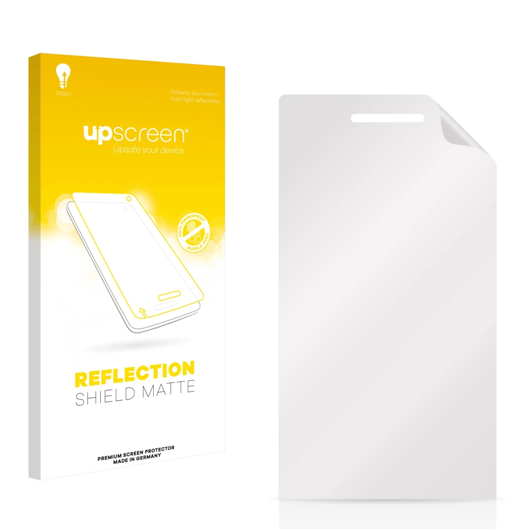 Parte frontal de un envase de producto con el logotipo de la marca upscreen. Al lado está el protector de pantalla correspondi