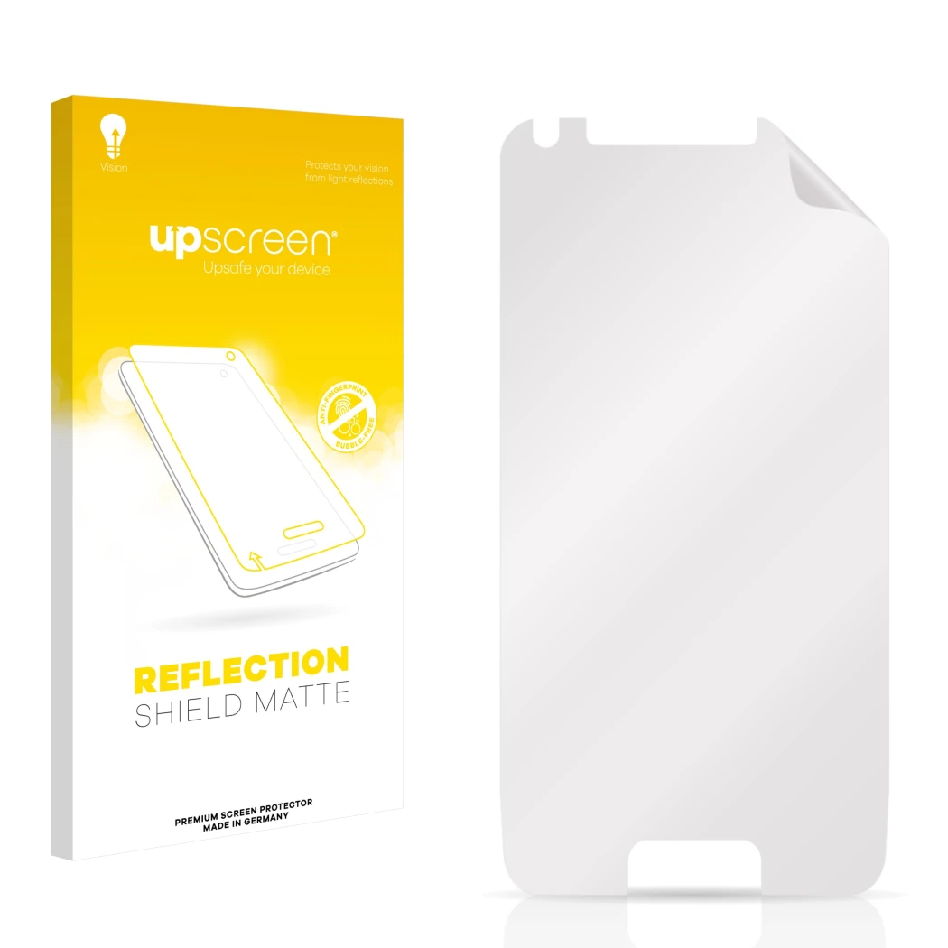 Parte frontal de un envase de producto con el logotipo de la marca upscreen. Al lado está el protector de pantalla correspondi