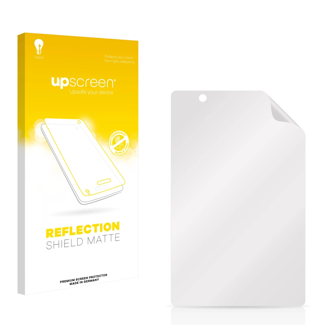 Parte frontal de un envase de producto con el logotipo de la marca upscreen. Al lado está el protector de pantalla correspondi