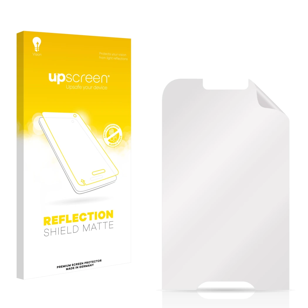 Parte frontal de un envase de producto con el logotipo de la marca upscreen. Al lado está el protector de pantalla correspondi