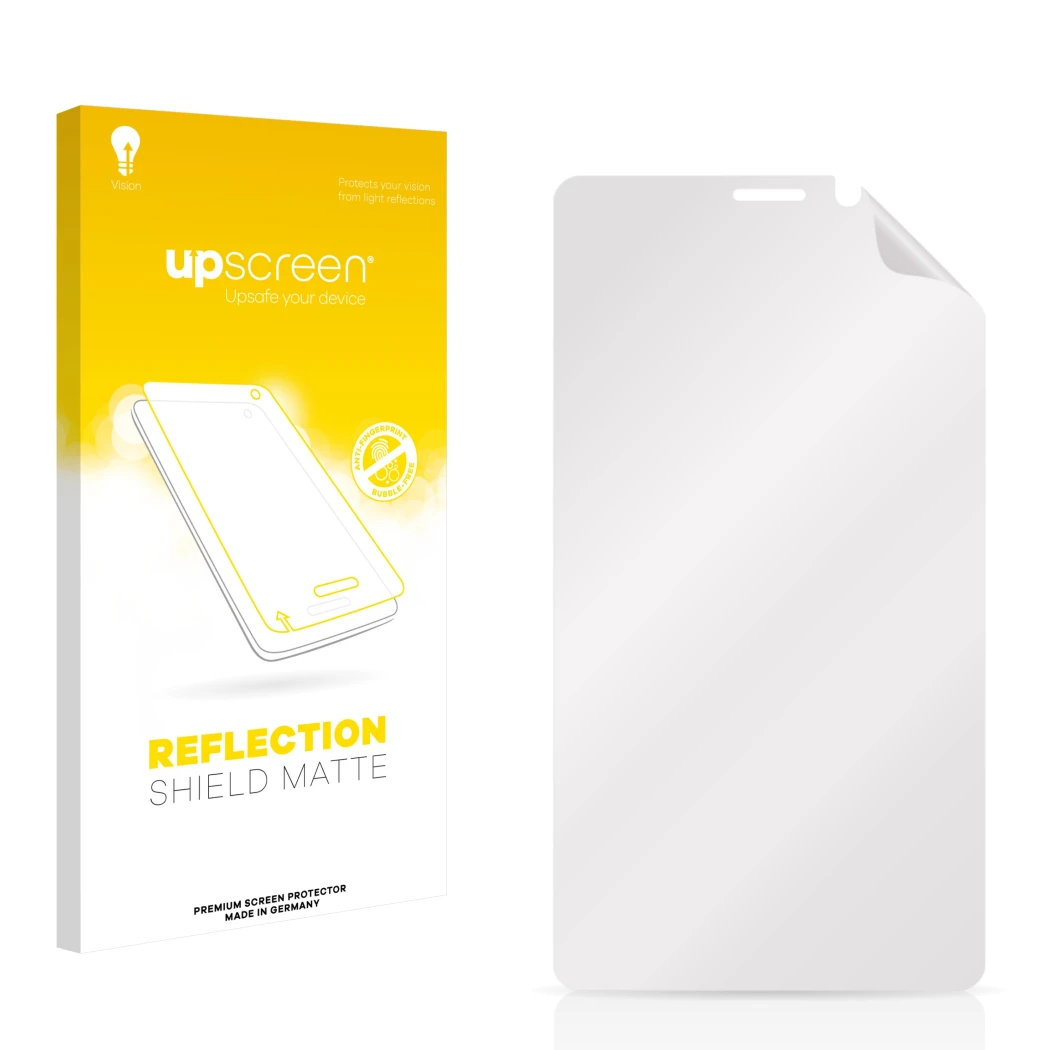 Parte frontal de un envase de producto con el logotipo de la marca upscreen. Al lado está el protector de pantalla correspondi