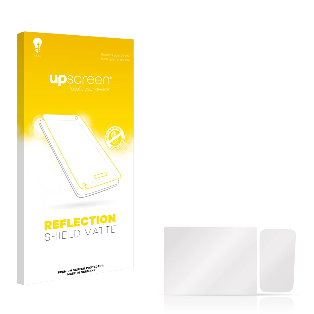 Parte frontal de un envase de producto con el logotipo de la marca upscreen. Al lado está el protector de pantalla correspondi