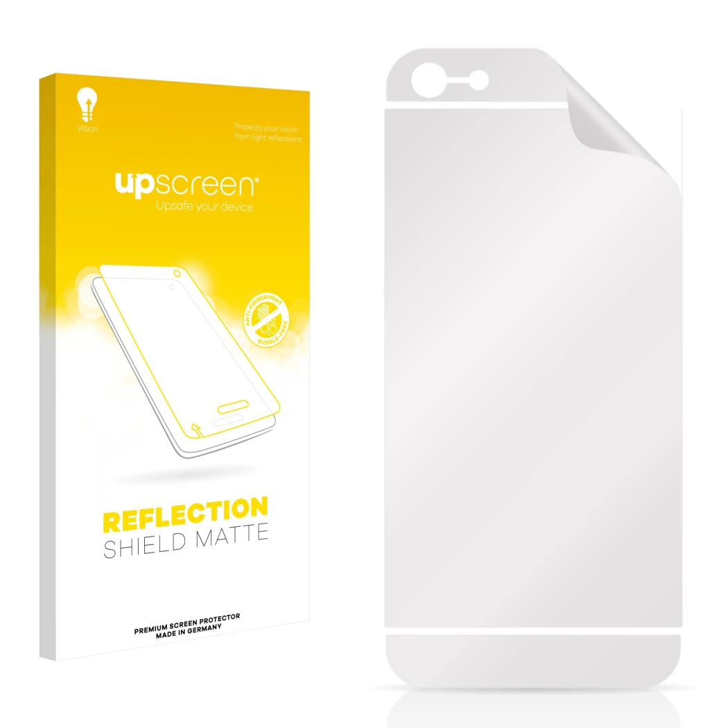 Parte frontal de un envase de producto con el logotipo de la marca upscreen. Al lado está el protector de pantalla correspondi