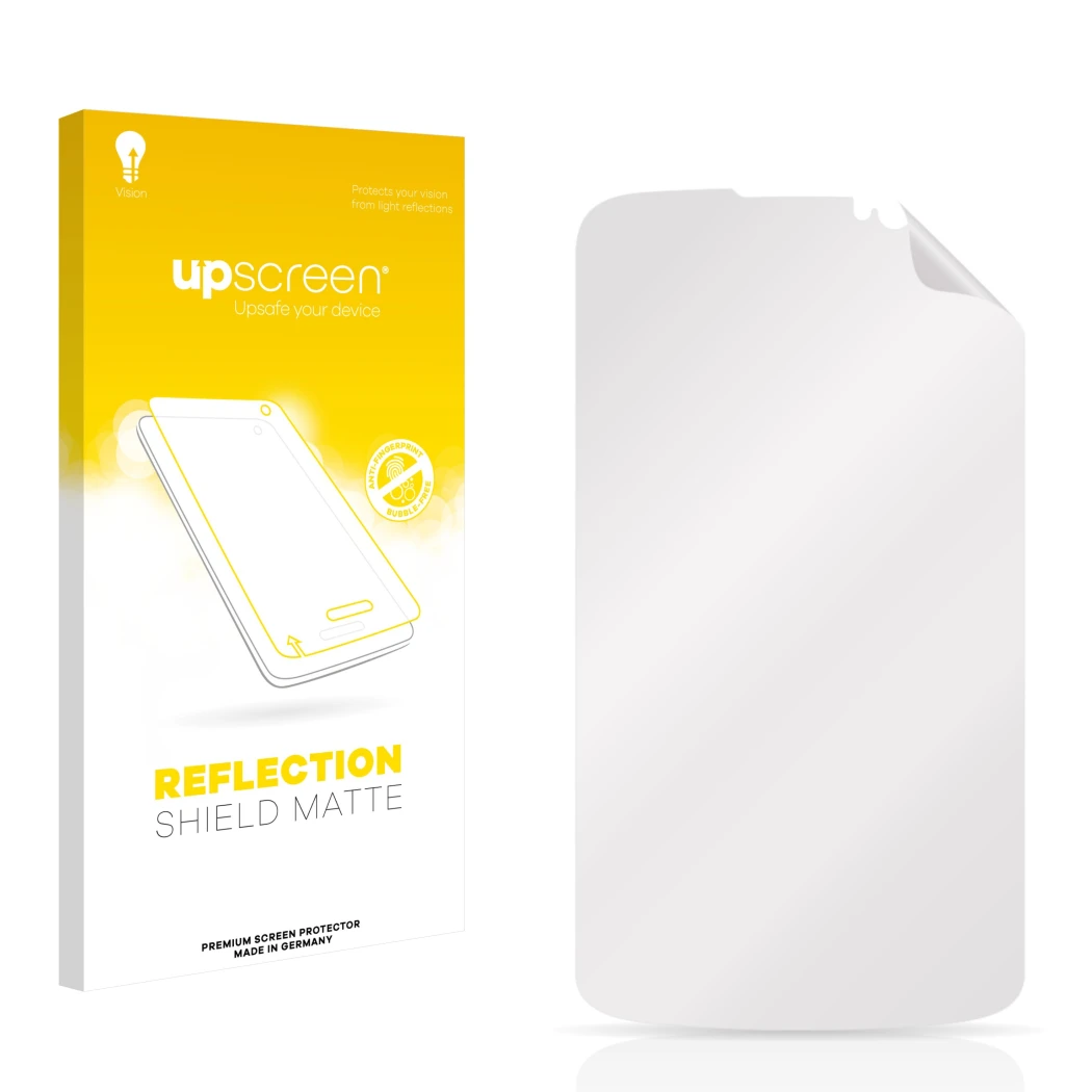 Parte frontal de un envase de producto con el logotipo de la marca upscreen. Al lado está el protector de pantalla correspondi