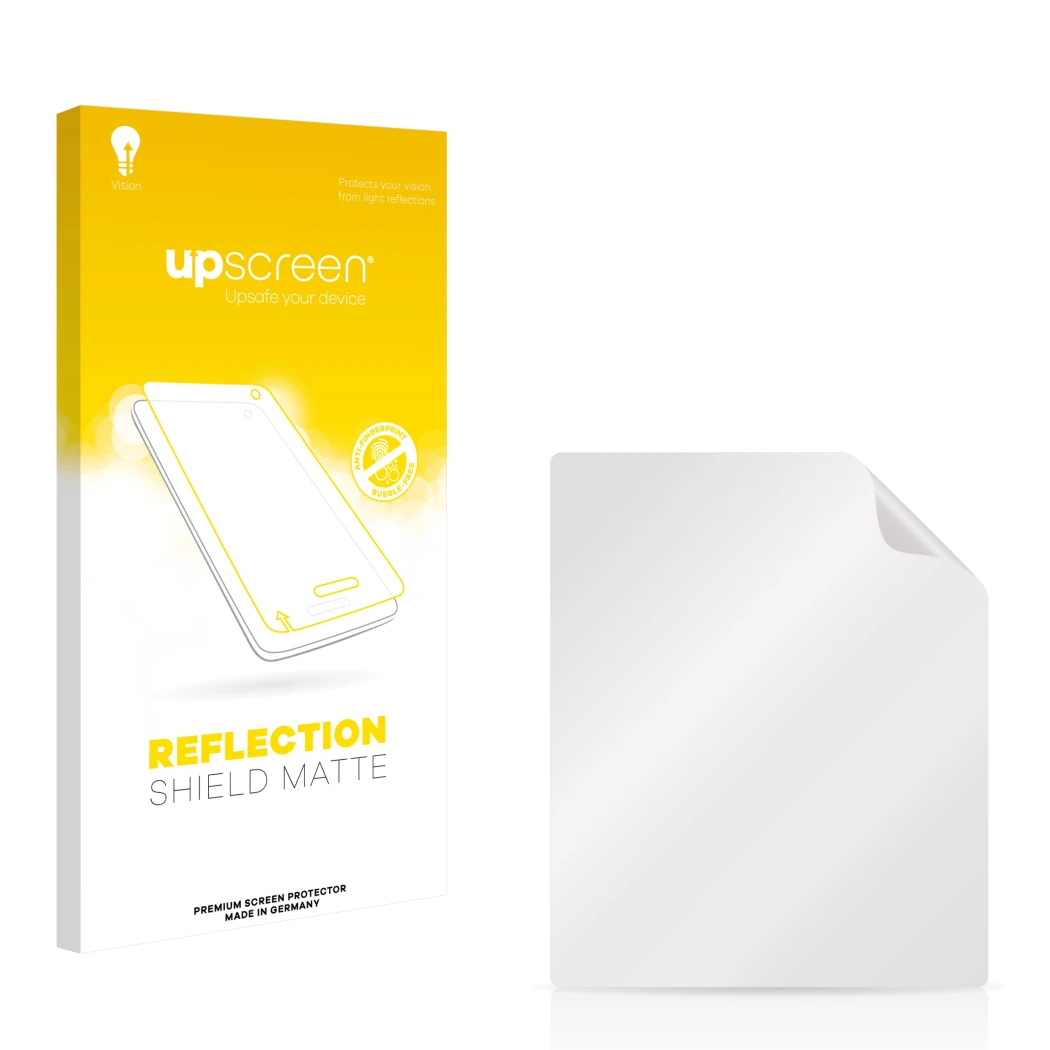 Parte frontal de un envase de producto con el logotipo de la marca upscreen. Al lado está el protector de pantalla correspondi