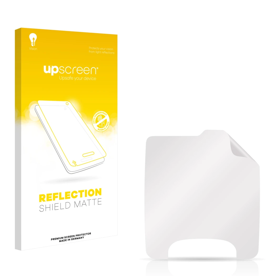 Parte frontal de un envase de producto con el logotipo de la marca upscreen. Al lado está el protector de pantalla correspondi