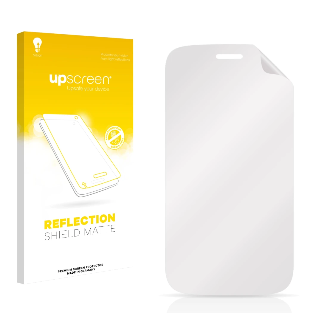 Parte frontal de un envase de producto con el logotipo de la marca upscreen. Al lado está el protector de pantalla correspondi