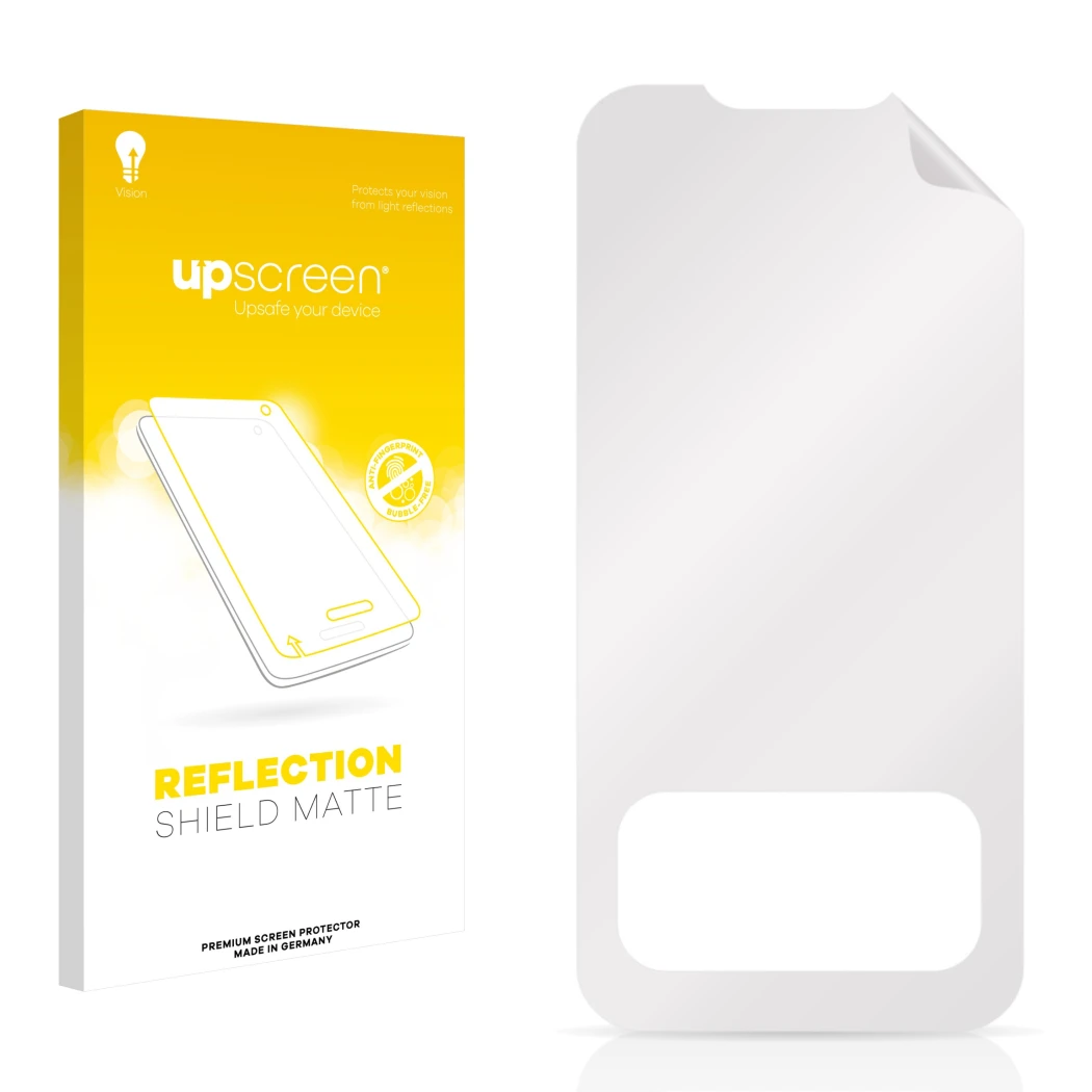 Parte frontal de un envase de producto con el logotipo de la marca upscreen. Al lado está el protector de pantalla correspondi