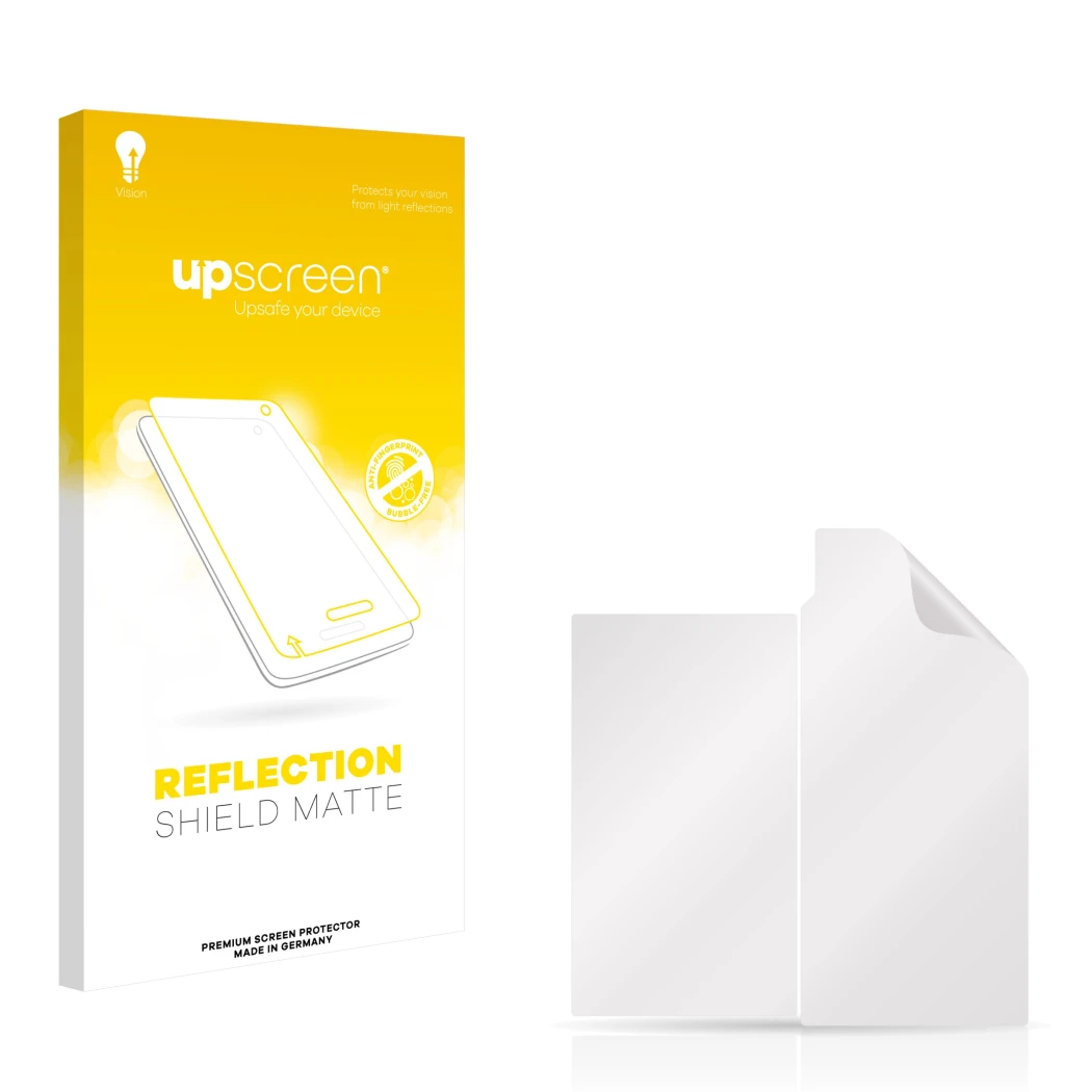 Parte frontal de un envase de producto con el logotipo de la marca upscreen. Al lado está el protector de pantalla correspondi