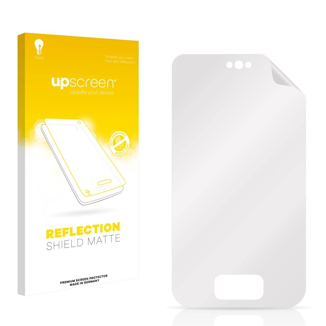 Parte frontal de un envase de producto con el logotipo de la marca upscreen. Al lado está el protector de pantalla correspondi