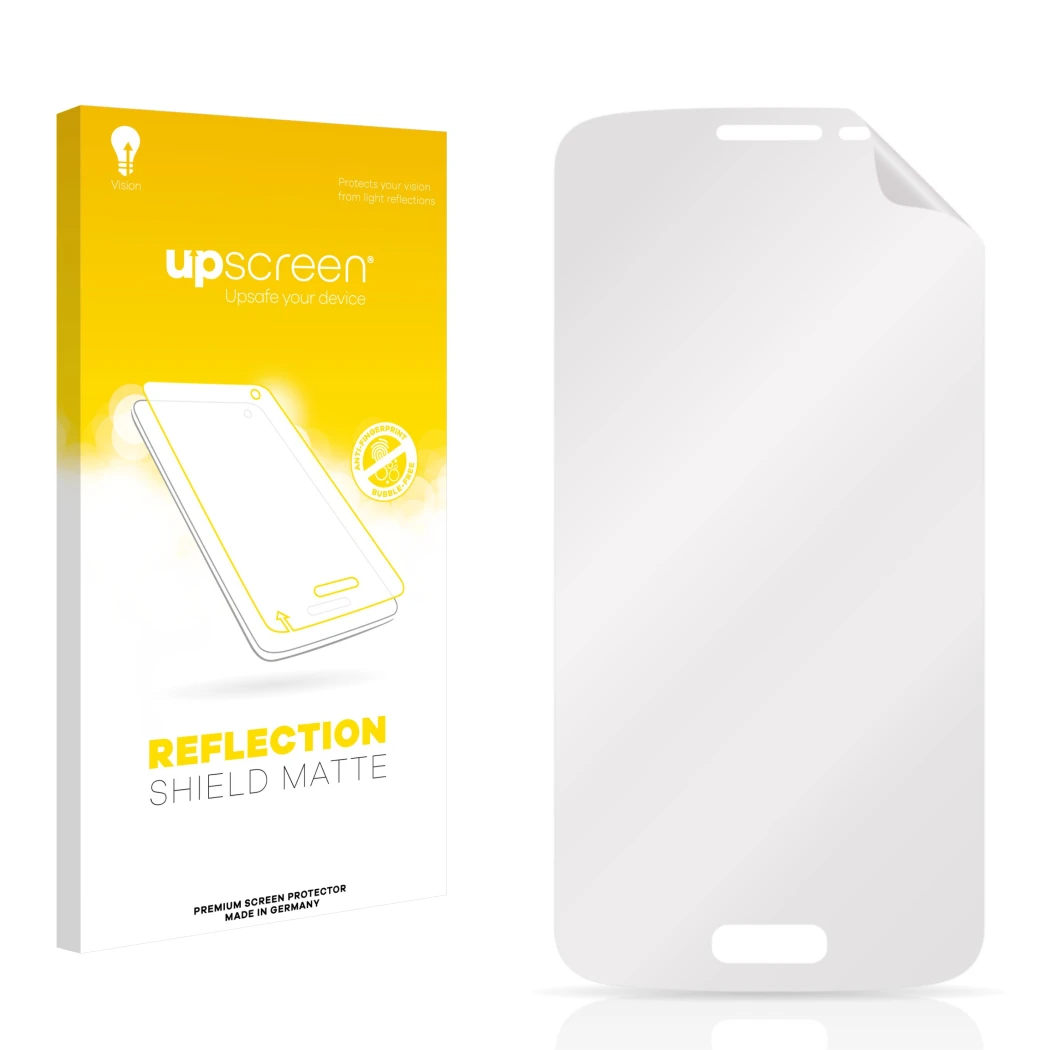 Parte frontal de un envase de producto con el logotipo de la marca upscreen. Al lado está el protector de pantalla correspondi