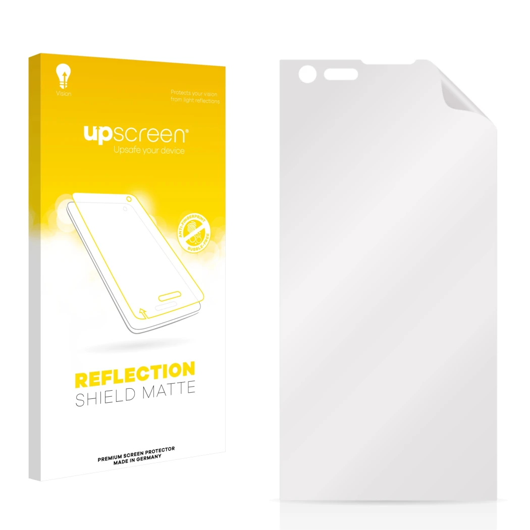 Parte frontal de un envase de producto con el logotipo de la marca upscreen. Al lado está el protector de pantalla correspondi