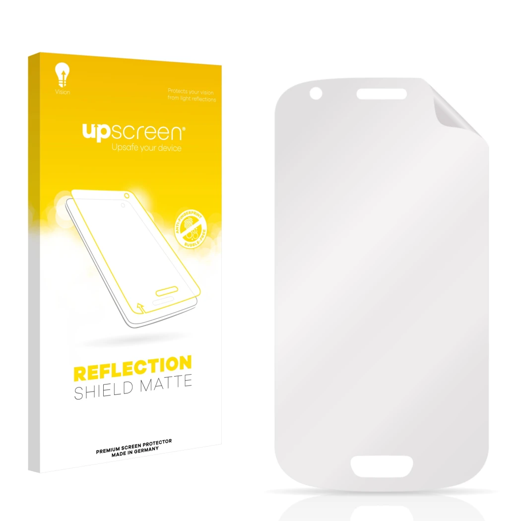 Parte frontal de un envase de producto con el logotipo de la marca upscreen. Al lado está el protector de pantalla correspondi