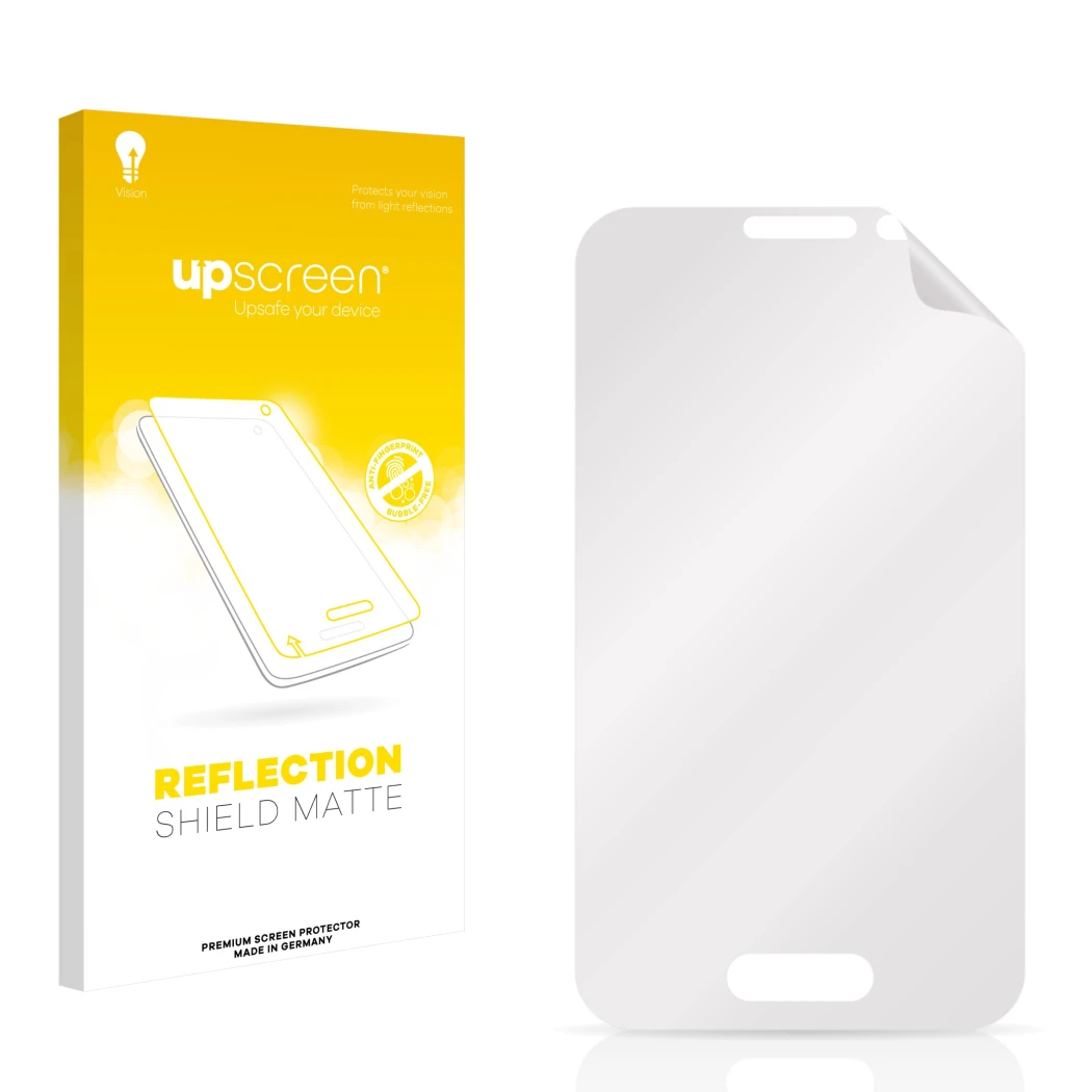 Parte frontal de un envase de producto con el logotipo de la marca upscreen. Al lado está el protector de pantalla correspondi