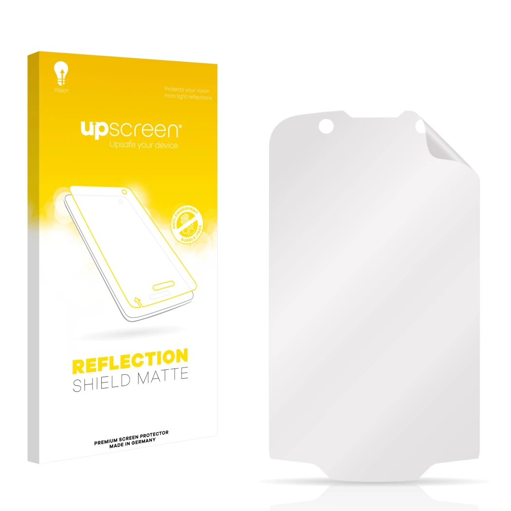 Parte frontal de un envase de producto con el logotipo de la marca upscreen. Al lado está el protector de pantalla correspondi