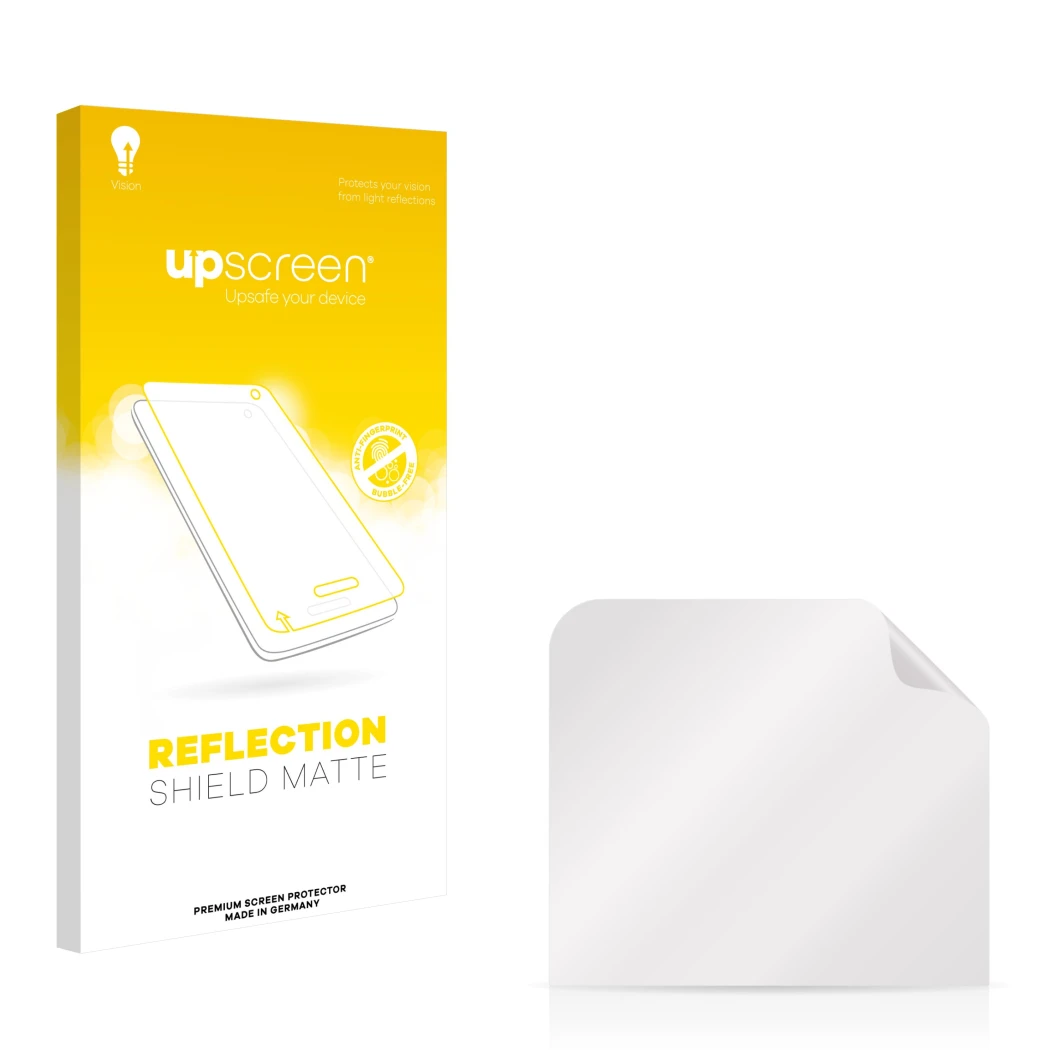 Parte frontal de un envase de producto con el logotipo de la marca upscreen. Al lado está el protector de pantalla correspondi
