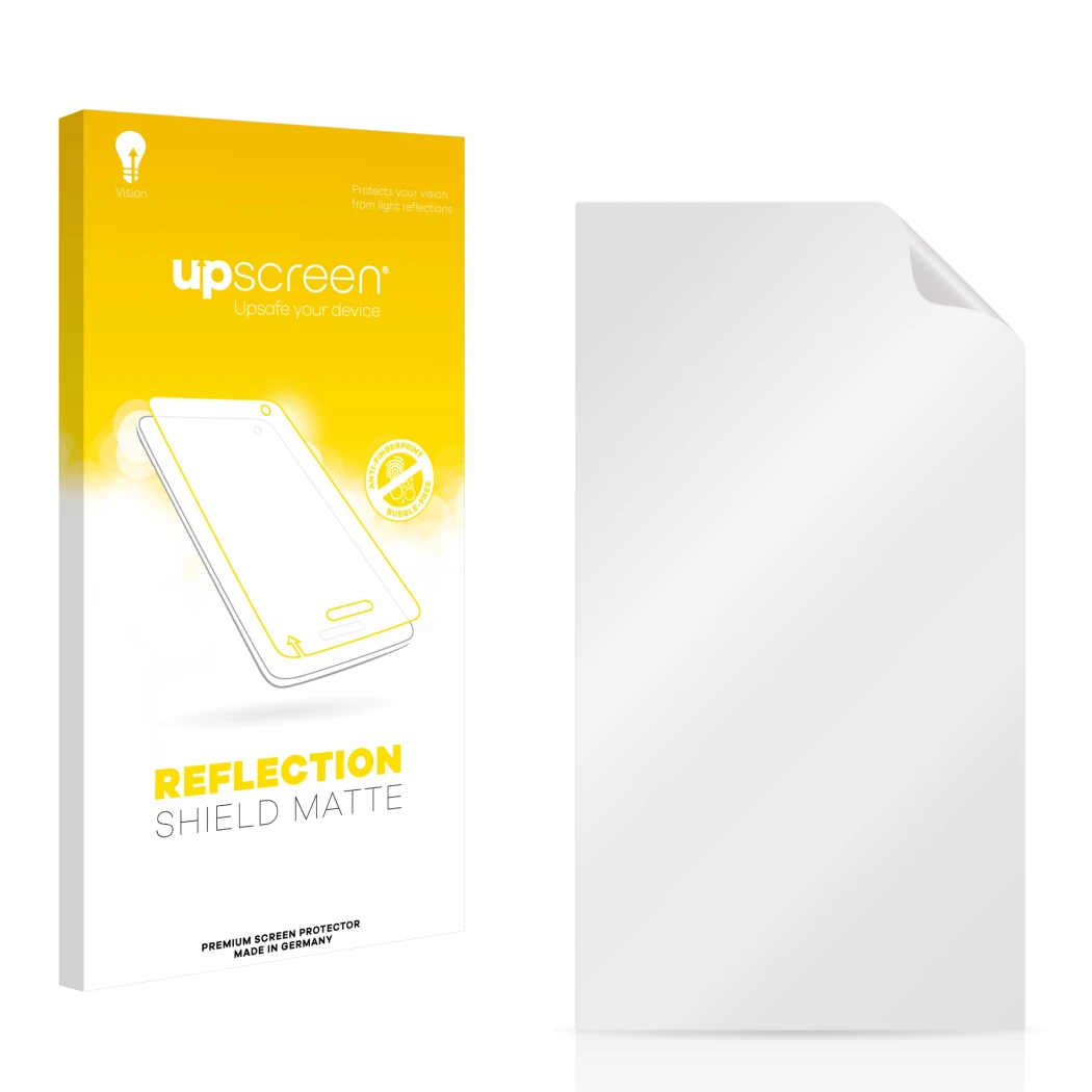 Parte frontal de un envase de producto con el logotipo de la marca upscreen. Al lado está el protector de pantalla correspondi