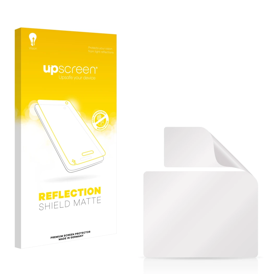 Parte frontal de un envase de producto con el logotipo de la marca upscreen. Al lado está el protector de pantalla correspondi