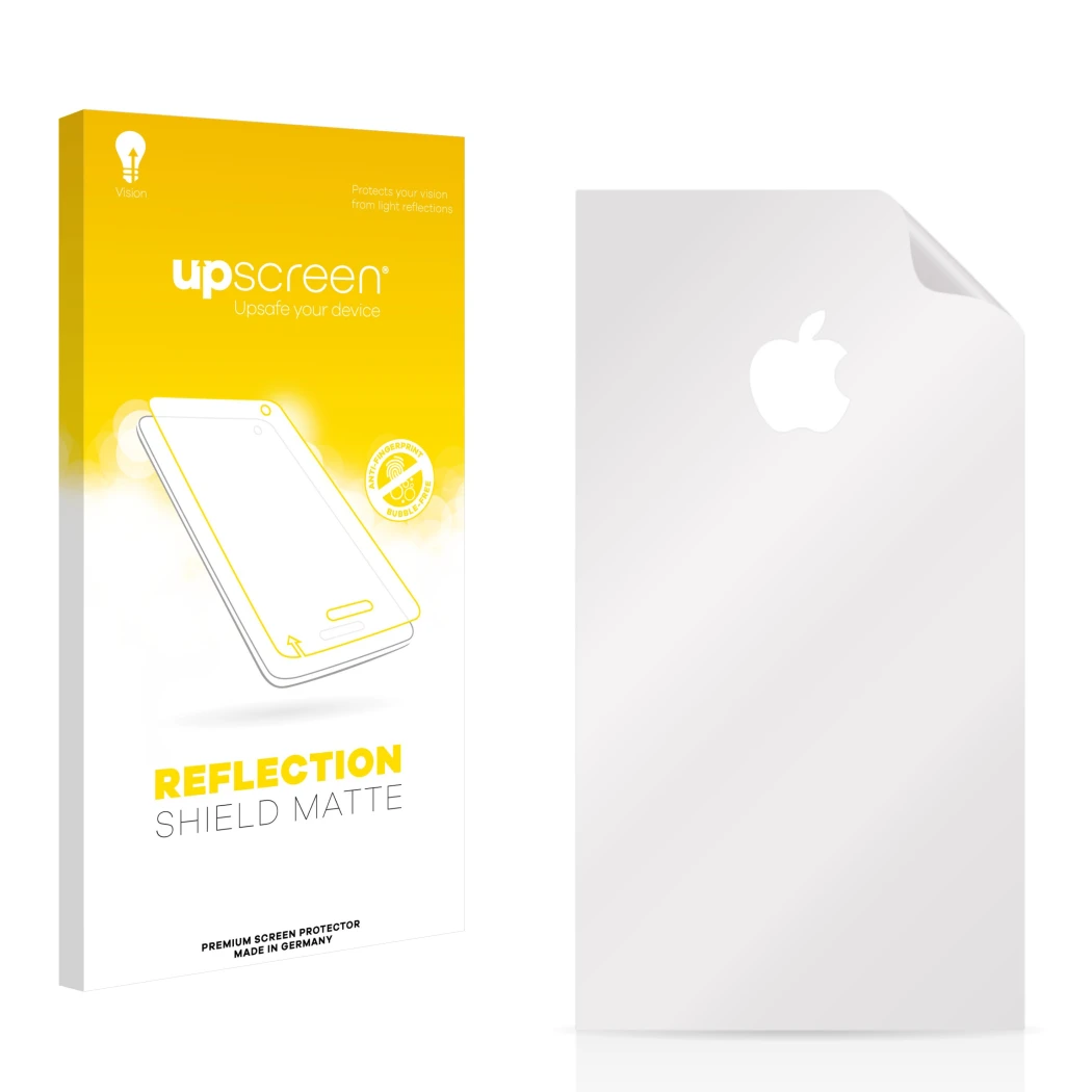 Parte frontal de un envase de producto con el logotipo de la marca upscreen. Al lado está el protector de pantalla correspondi