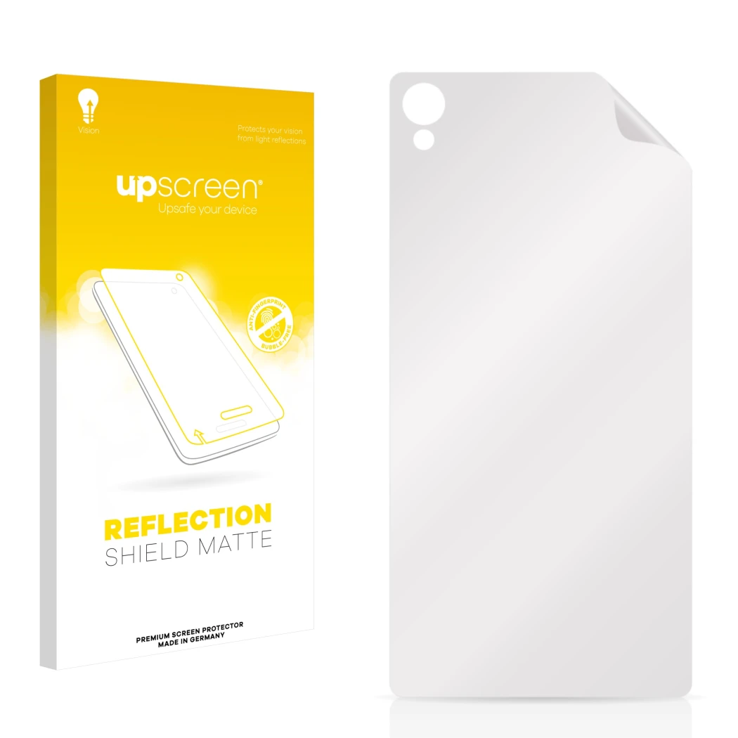 Parte frontal de un envase de producto con el logotipo de la marca upscreen. Al lado está el protector de pantalla correspondi