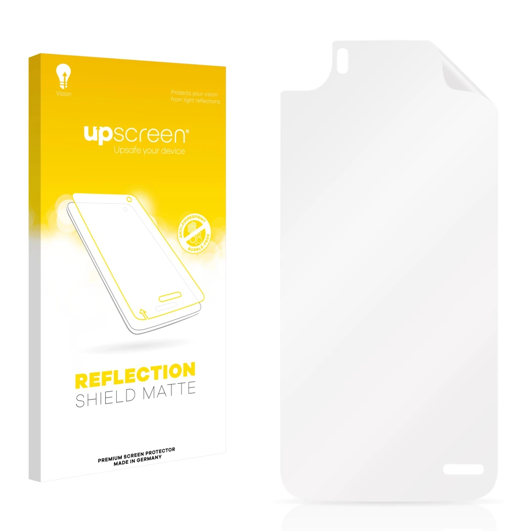 Parte frontal de un envase de producto con el logotipo de la marca upscreen. Al lado está el protector de pantalla correspondi