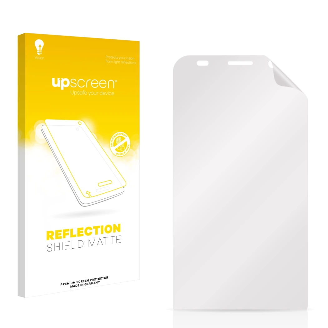 Parte frontal de un envase de producto con el logotipo de la marca upscreen. Al lado está el protector de pantalla correspondi